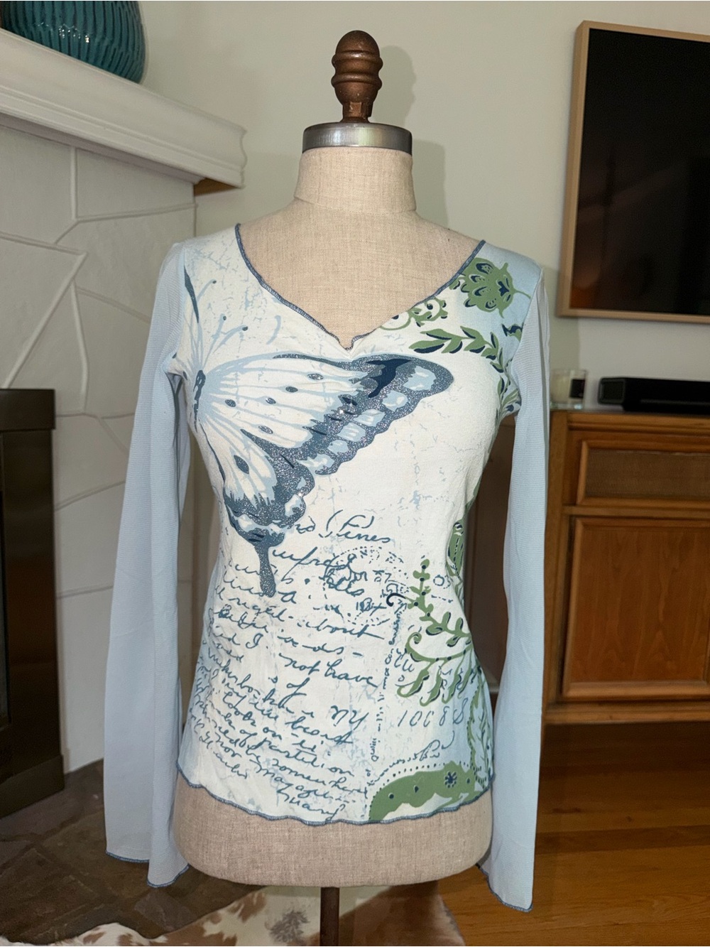 y2k Butterfly Script Long Sleeve Tee in Pale Blue & Green